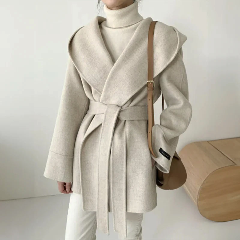 Women's autumn chic hooded lapel woolen coat with waist strap