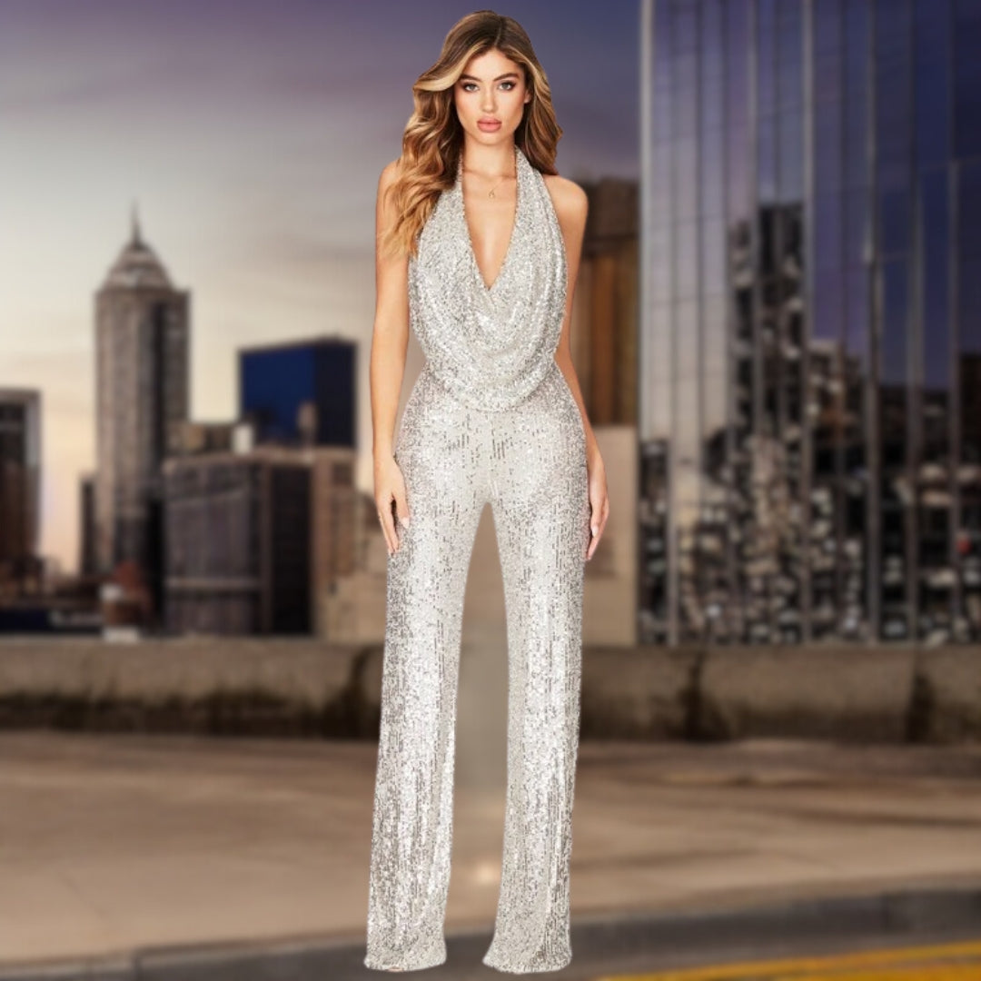Women's Jumpsuit - Sequin Embellished - Halter Neck - Draped Front - Wide-Leg Elegant Fit