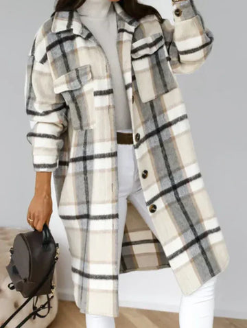 Women's checked single-breasted long sleeve coat