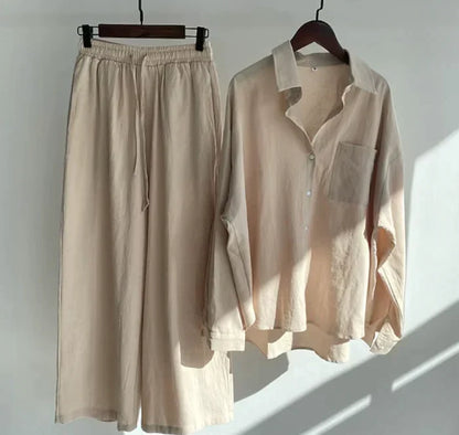 Women's Cotton Button-Down Set - Classic Collar - Relaxed Fit - Long Sleeve Casual Wear