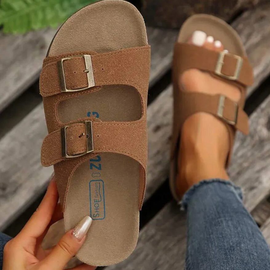 Women's Slip-On Sandals - Suede Adjustable Straps - Contoured Supportive Footbed