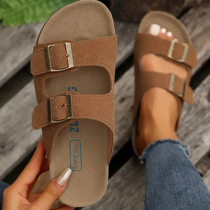 Women's Slip-On Sandals - Suede Adjustable Straps - Contoured Supportive Footbed