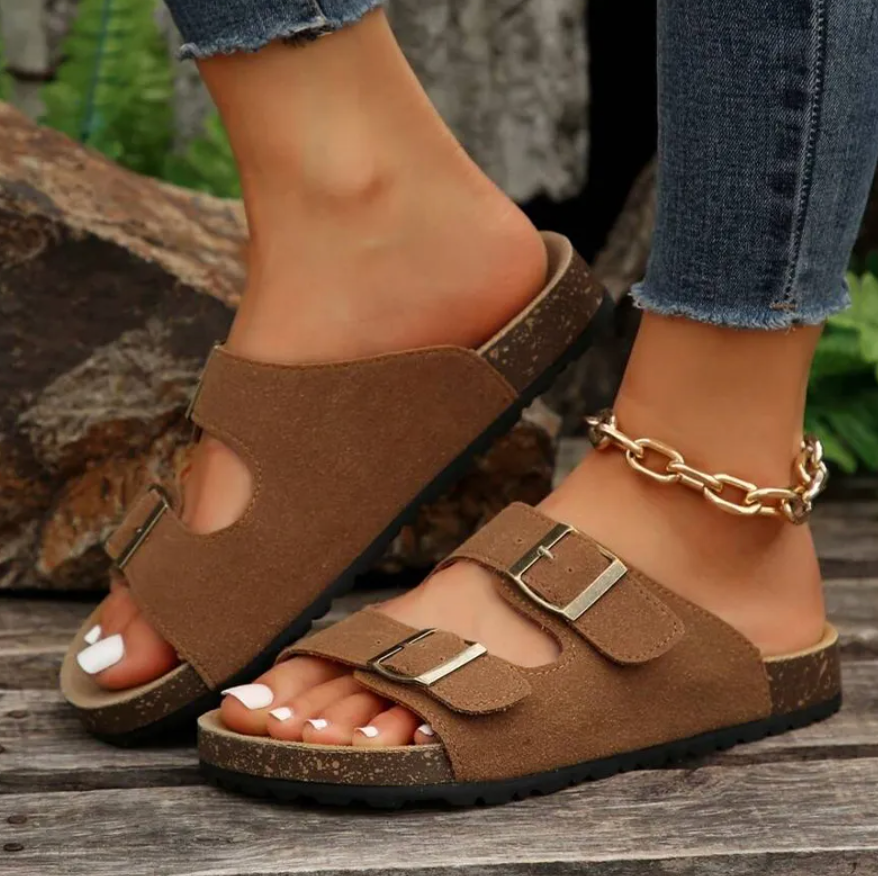 Women's Slip-On Sandals - Suede Adjustable Straps - Contoured Supportive Footbed