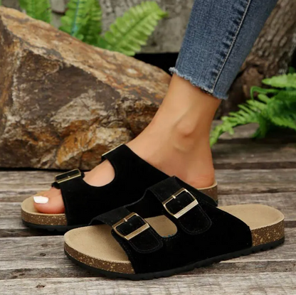 Women's Slip-On Sandals - Suede Adjustable Straps - Contoured Supportive Footbed