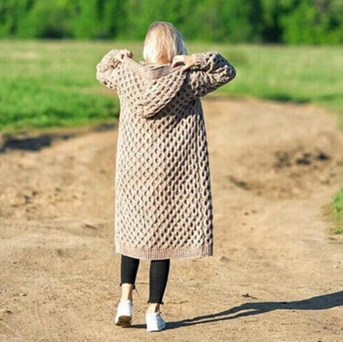 Long hooded cable-knit cardigan for autumn/winter