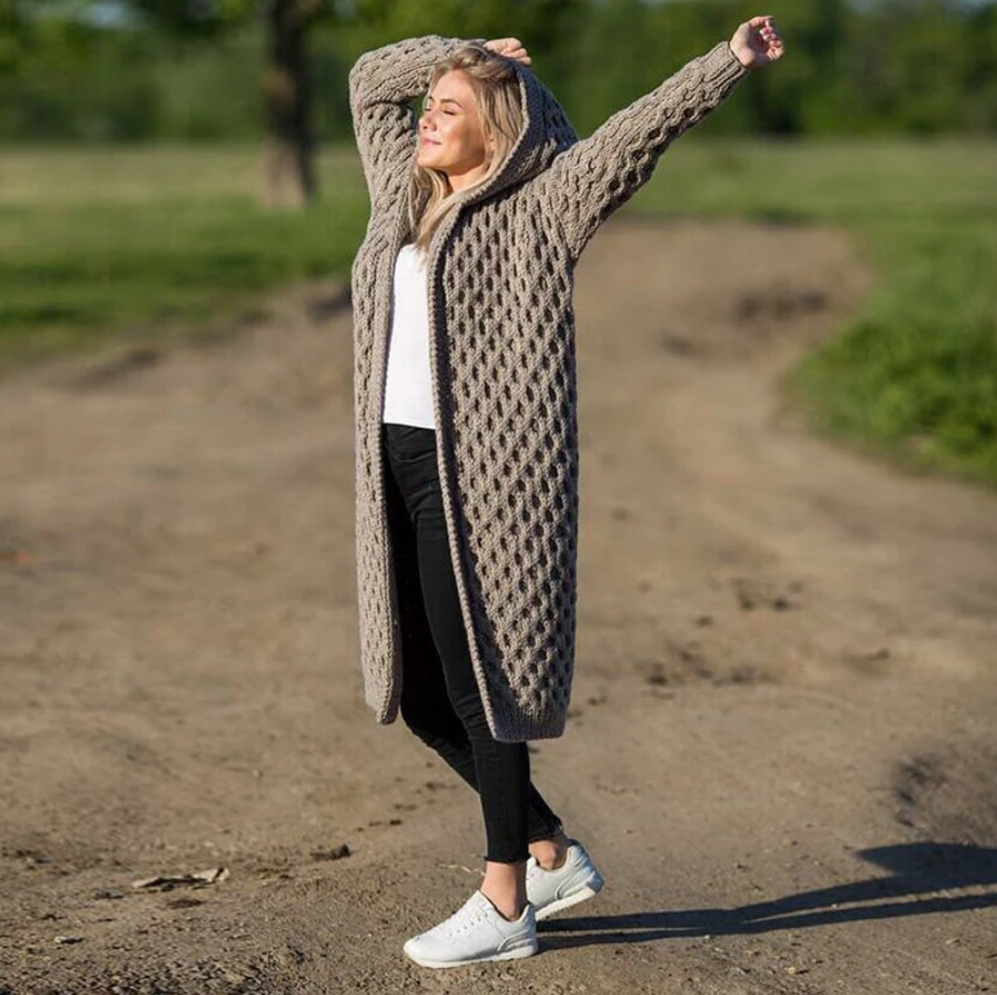 Long hooded cable-knit cardigan for autumn/winter