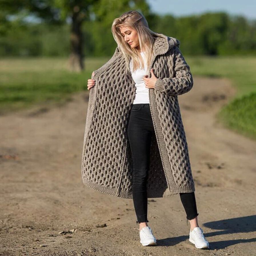 Long hooded cable-knit cardigan for autumn/winter