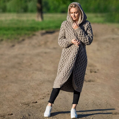 Long hooded cable-knit cardigan for autumn/winter