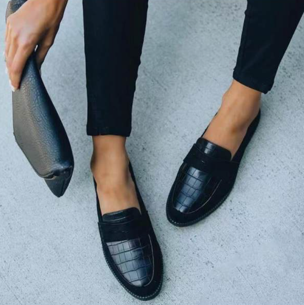Women’s Loafers - Crocodile-Embossed Leather - Penny Strap - Rounded Toe - Durable Sole