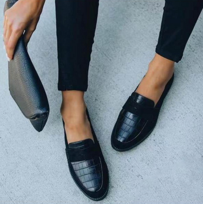 Women’s Loafers - Crocodile-Embossed Leather - Penny Strap - Rounded Toe - Durable Sole