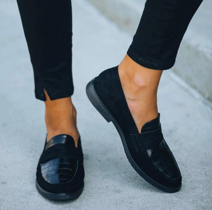 Women’s Loafers - Crocodile-Embossed Leather - Penny Strap - Rounded Toe - Durable Sole