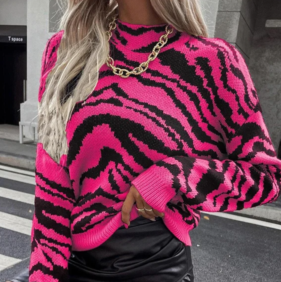 Women's zebra pattern half turtleneck sweater