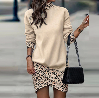 Women's Sweater Dress - Knit Fabric - Turtleneck - Long Sleeve - Abstract Pattern - Mini Length