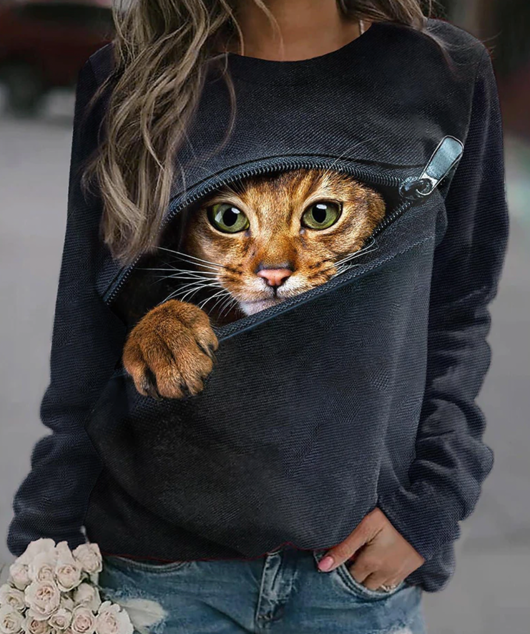 Women's cute cat print round neck sweatshirt