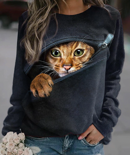 Cute Cat Print Crew Neck Sweatshirt