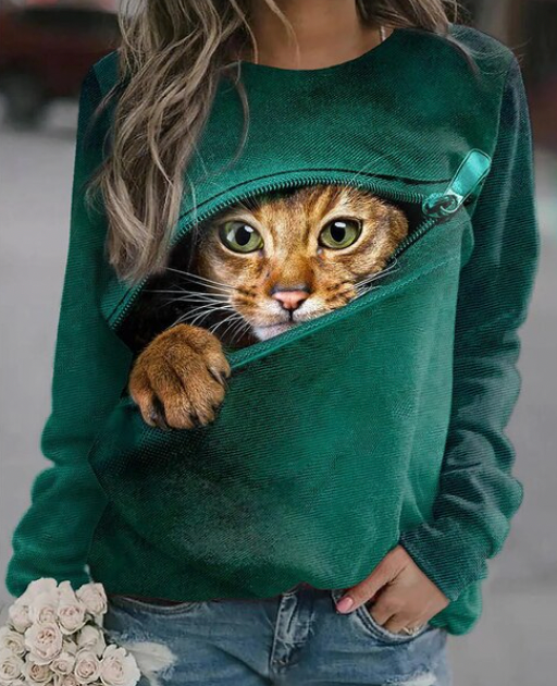 Women's cute cat print round neck sweatshirt