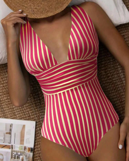 Women's One-Piece Swimsuit - Plunging V-Neck - Stripe Pattern - Waist-Defining Fit