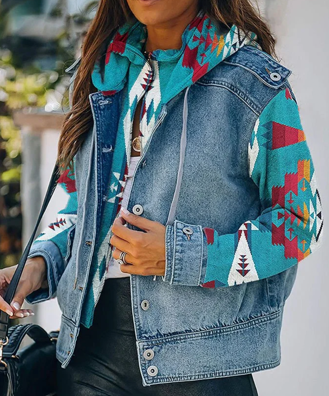 Women's western style denim patchwork hooded jacket