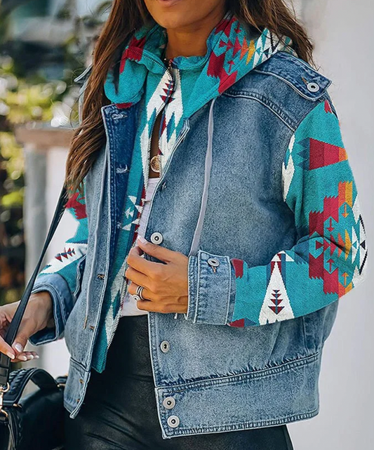 Patchwork Denim Western Style Hooded Jacket