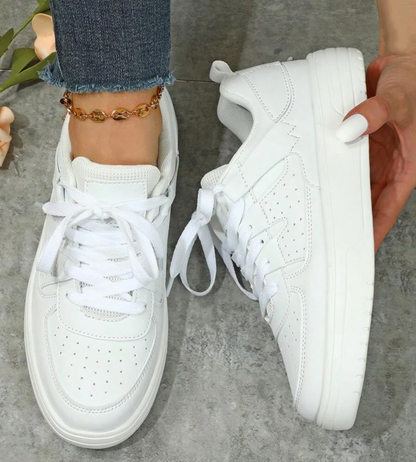 Women's Low-Top Sneakers - Faux Leather - Lace-Up Breathable Casual Shoes