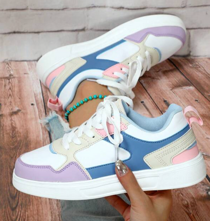 Women's Low-Top Sneakers - Faux Leather - Lace-Up Breathable Casual Shoes