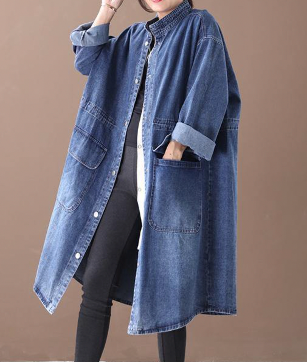 Women's warm oversize denim long jacket for autumn and winter