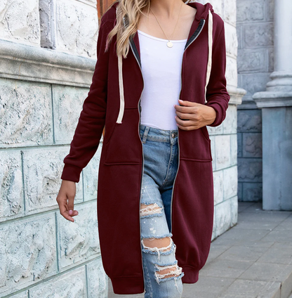 Women's loose hooded mid length casual sweater