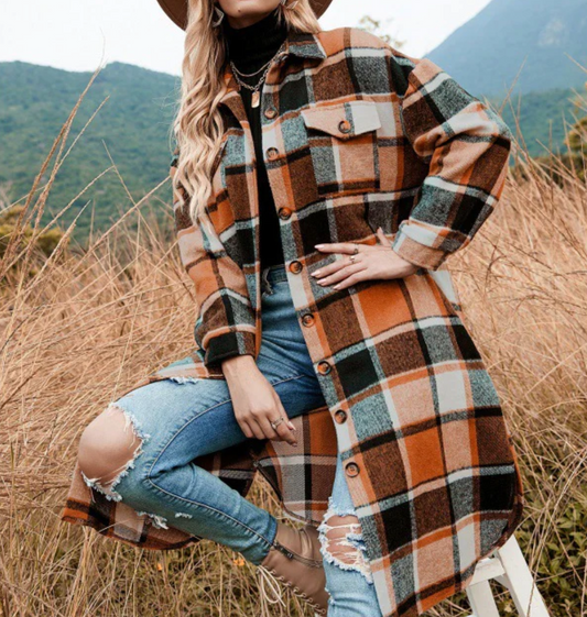 Plaid Button-Closure Shirt Design Long Coat
