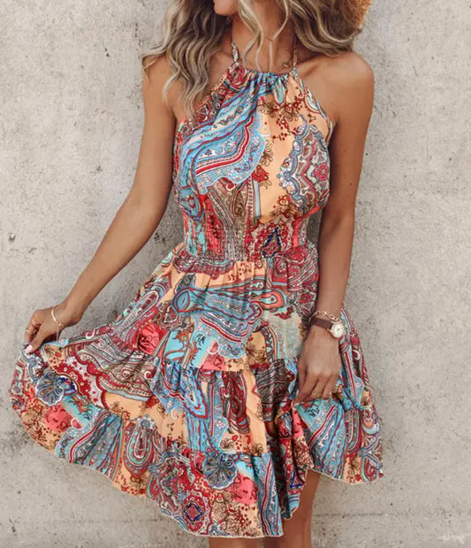 Paisley Pattern Smocked Halter Neck Dress
