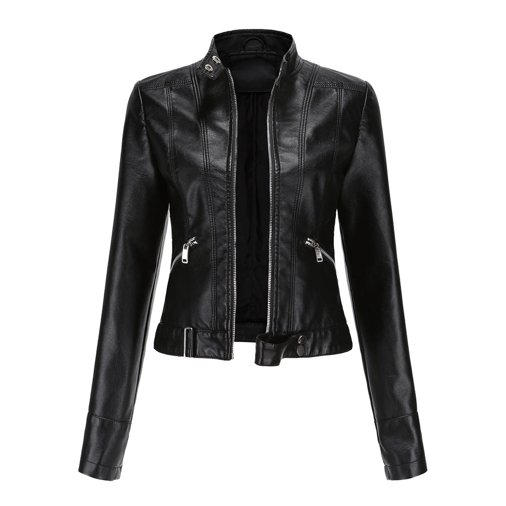 Women's plus size biker jacket with stand-up collar
