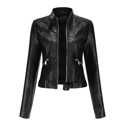 Women's plus size biker jacket with stand-up collar
