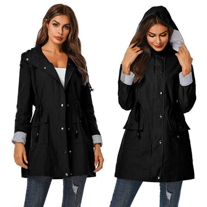 Women's windbreaker rainproof jacket hooded waist