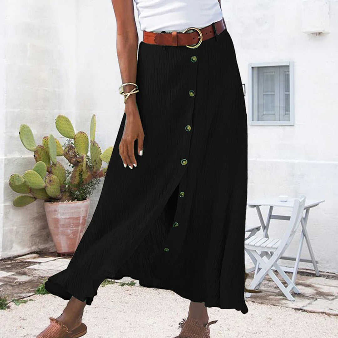 Mid-waist long a-line skirt with slit design in cotton and linen for women