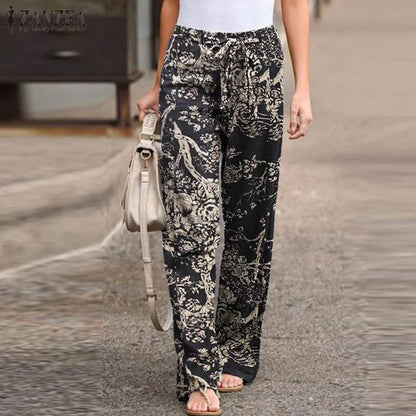 Women's Casual Pants - Floral Print - Relaxed Fit - Drawstring Waist - Lightweight