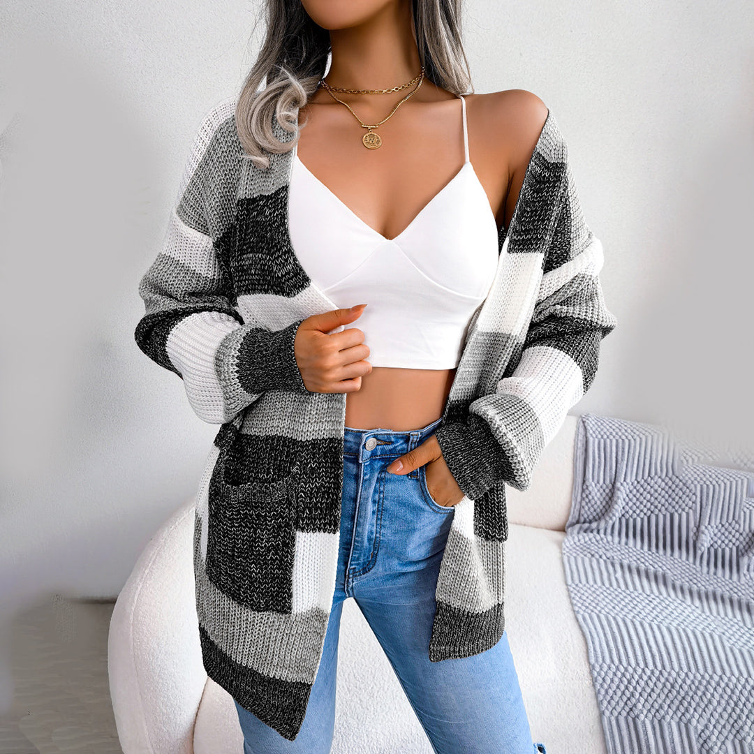 Women's autumn winter contrast color striped lantern sleeve cardigan