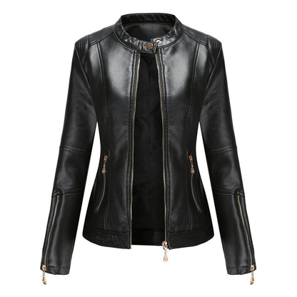 Women's leather short jacket with stand collar