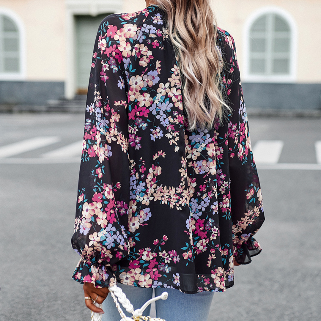 Women’s Floral Blouse - V-Neck - Long Sleeve Loose Fit - Button Front Elegant Style