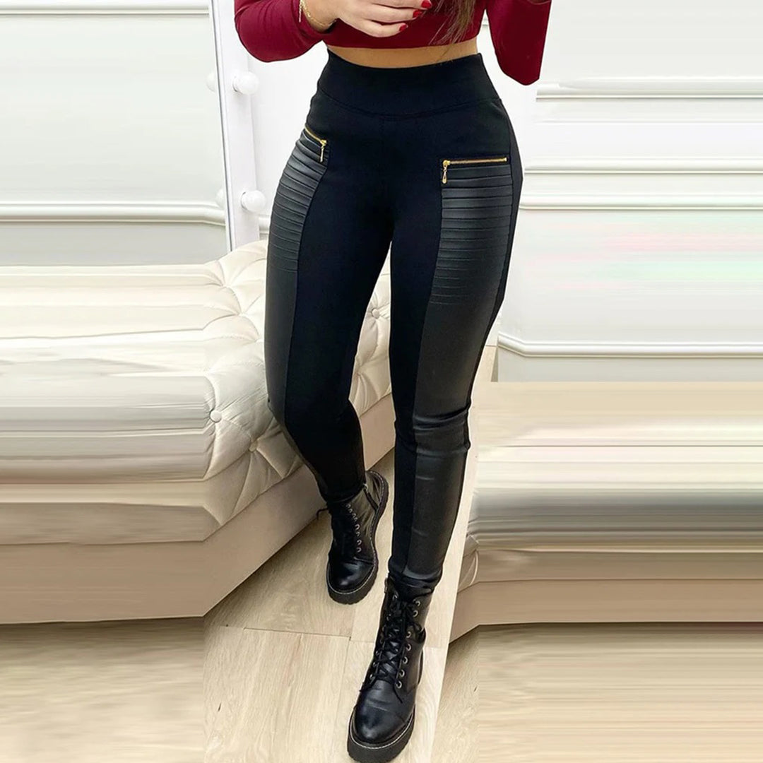 Stretch Fit High Waist Leather Panel Leggings