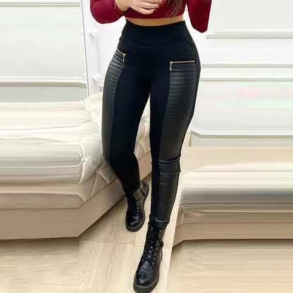 Women's Leather Panel Leggings - High Waist - Ribbed Texture - Zipper Pockets - Stretch Fit