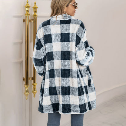 Women's plush plaid midi-length button-down coat