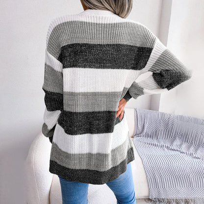 Women's autumn winter contrast color striped lantern sleeve cardigan