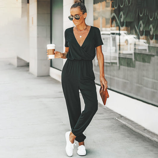 Wrap V-Neck Elastic Waist Jumpsuit