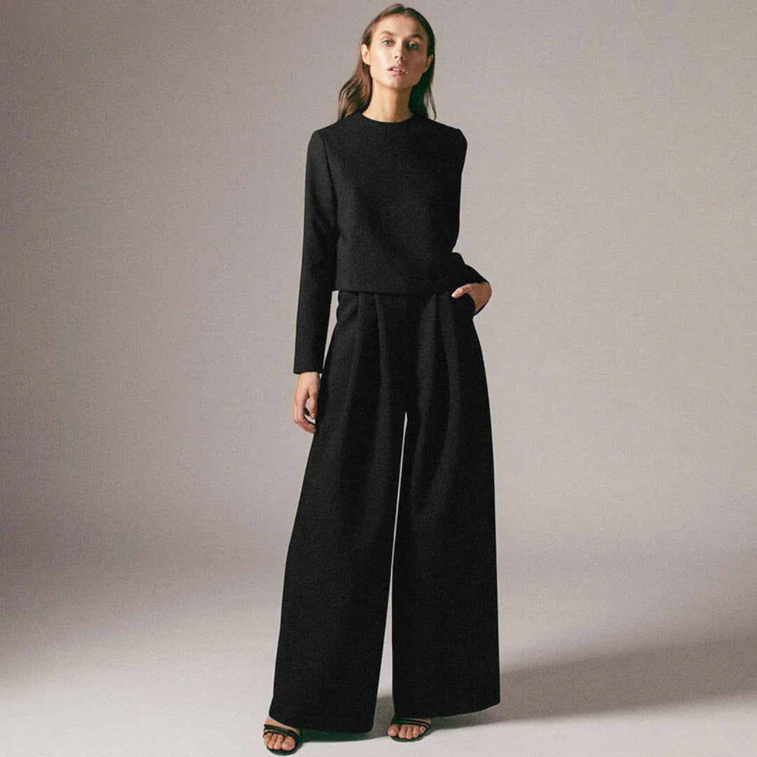 Women's casual long sleeve top and high waist wide leg trouser set