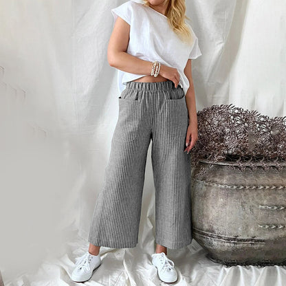 Women's Wide-Leg Pants - Elastic Waist - Relaxed Fit - With Pockets