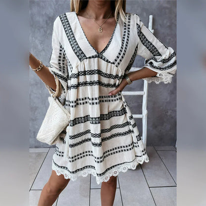 Women's Bohemian Dress - V-Neck, Flowing Fit - 3/4 Sleeve Lace Trim Casual Wear