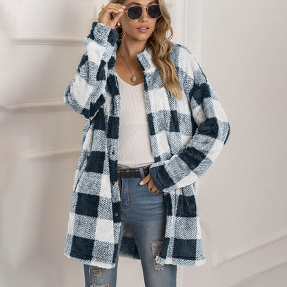 Women's plush plaid midi-length button-down coat