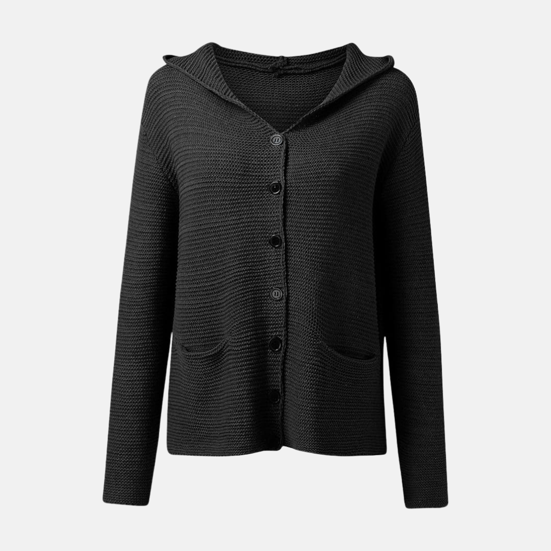 Women’s Hooded Knit Cardigan – Relaxed Fit – Button Front – Patch Pockets – Ribbed Cuffs
