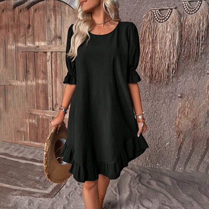 Women's A-Line Dress - Puff Sleeve - Ruffled Hem - Flowy Casual Fit