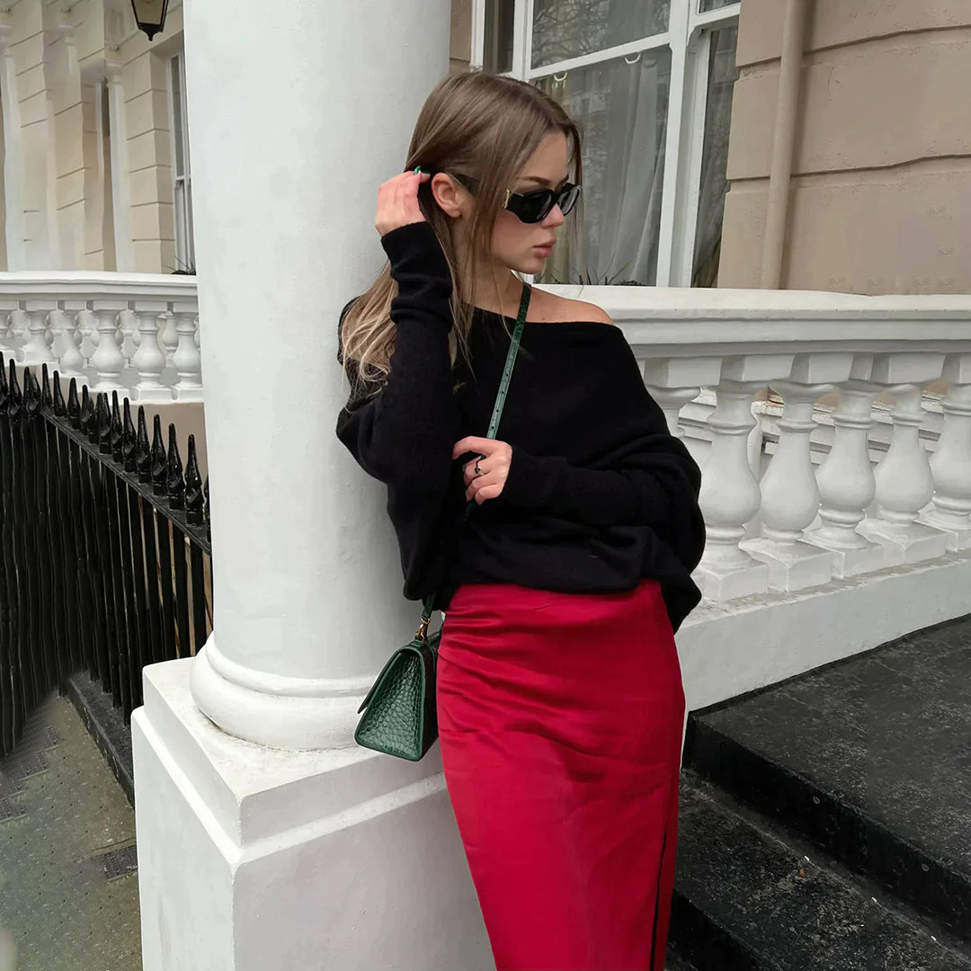 Women's Oversized Knit Sweater - Boat Neck - Long Sleeve - Soft Casual Pullover