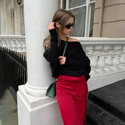 Women's Oversized Knit Sweater - Boat Neck - Long Sleeve - Soft Casual Pullover